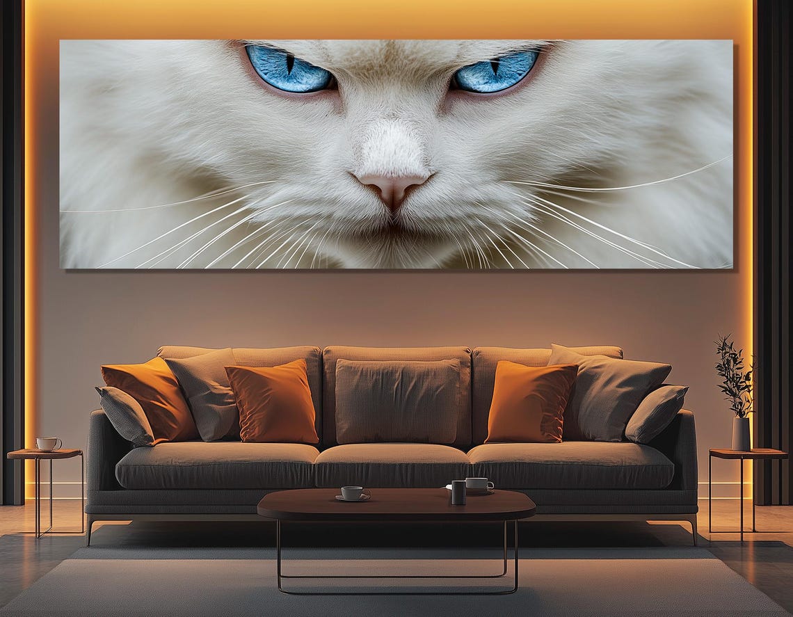 Stern White Cat Piercing Blue Eyes Close Up Feline Portrait Art