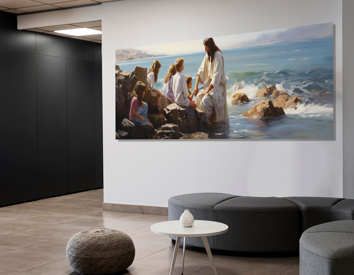 Jesus Teaching Children by the Sea Biblical Panoramic Christian Art Poster - Image 4