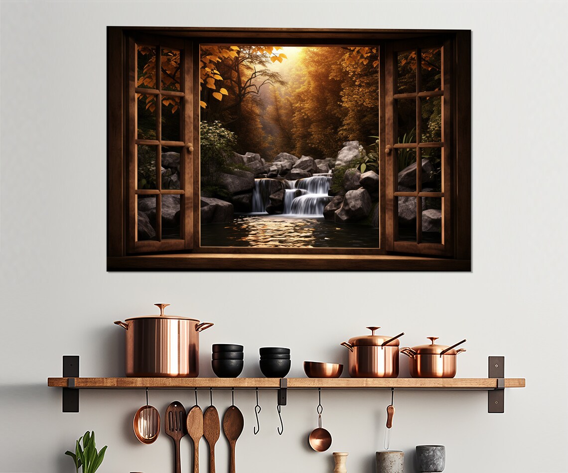 Open Window With Forest Waterfall View Art Print