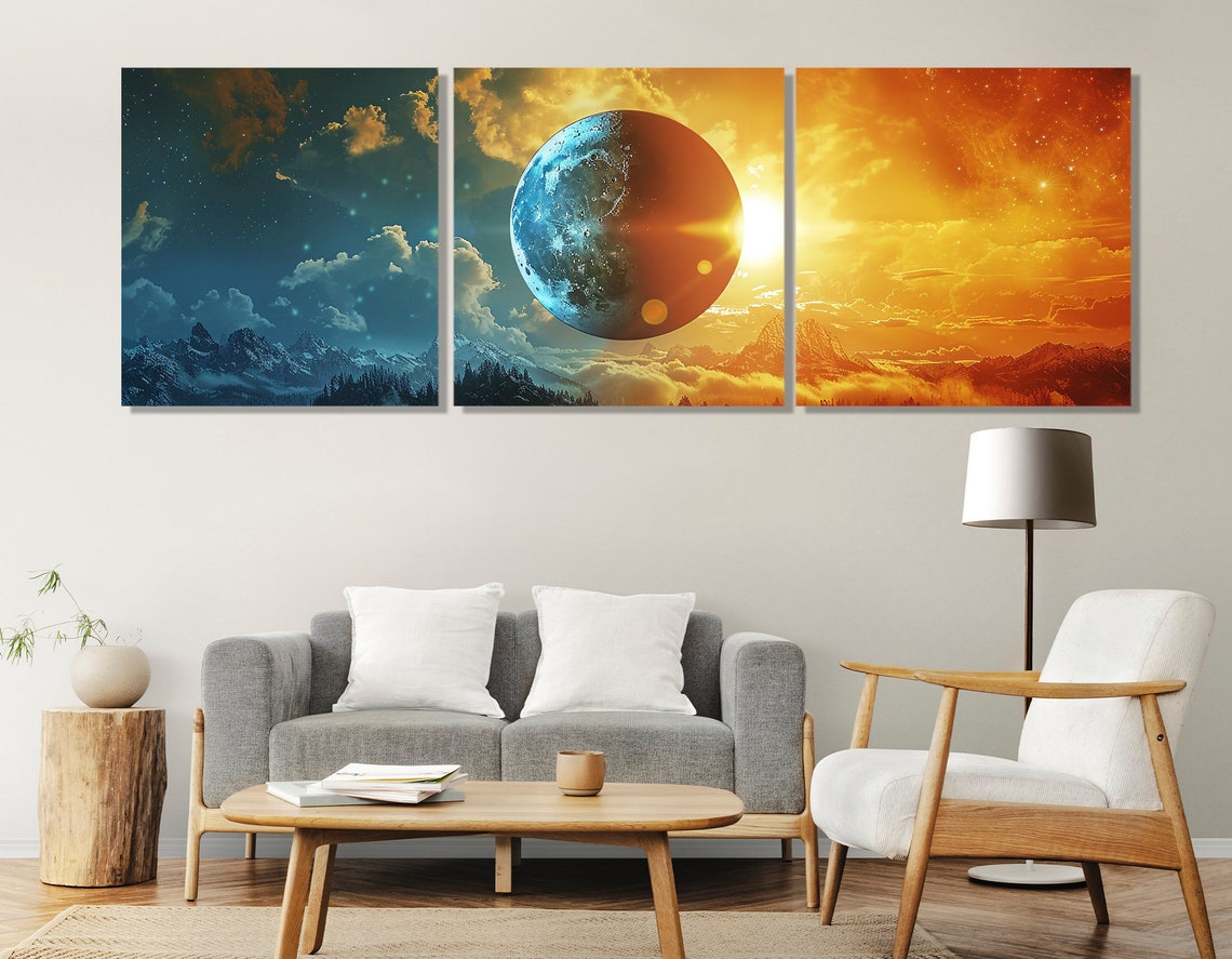 Day Night Split Sun Moon Planet Mountain Sky Cosmic Art Poster - Image 4