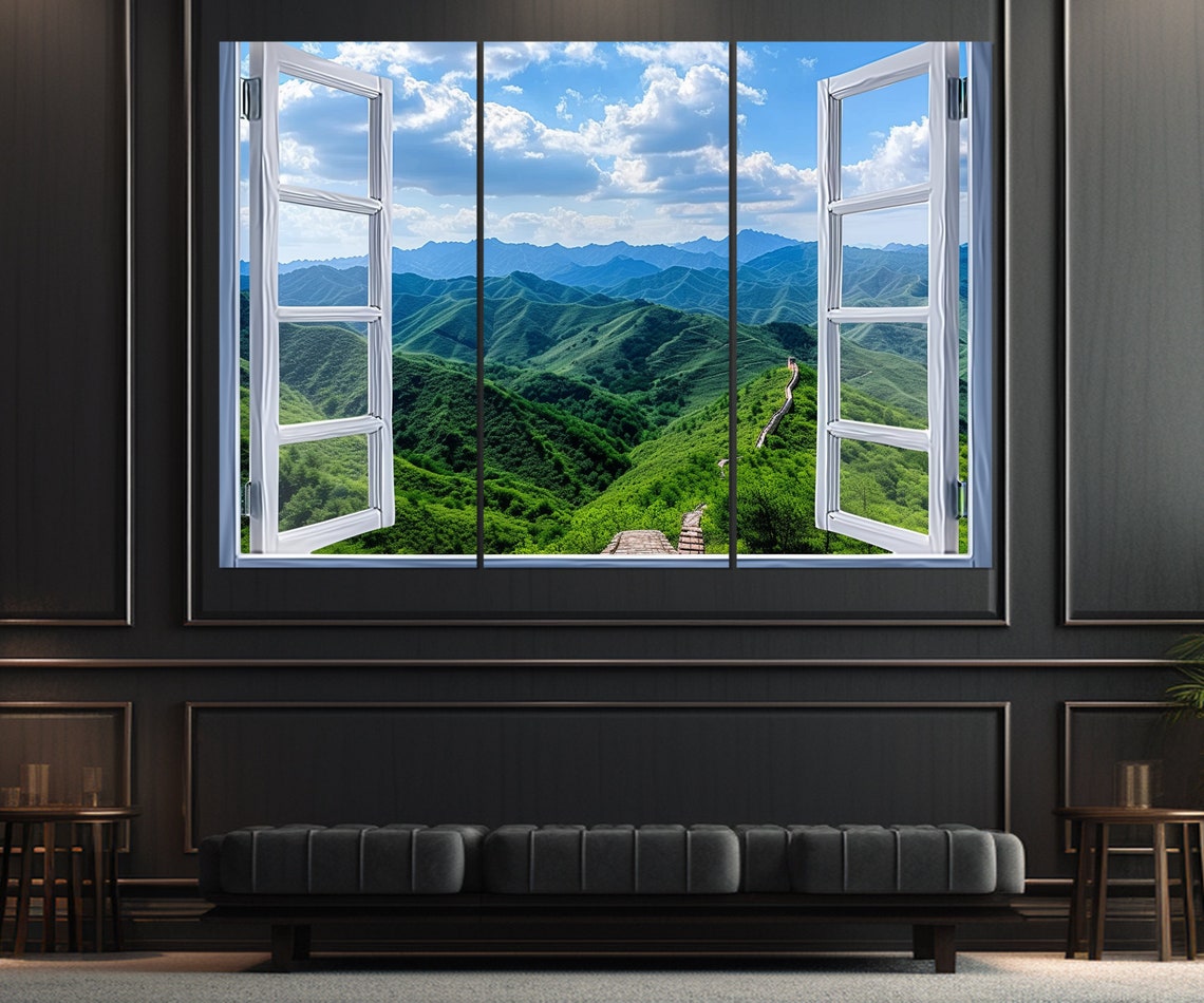 Great Wall of China Through Open Window Green Mountains Travel Poster - Image 3