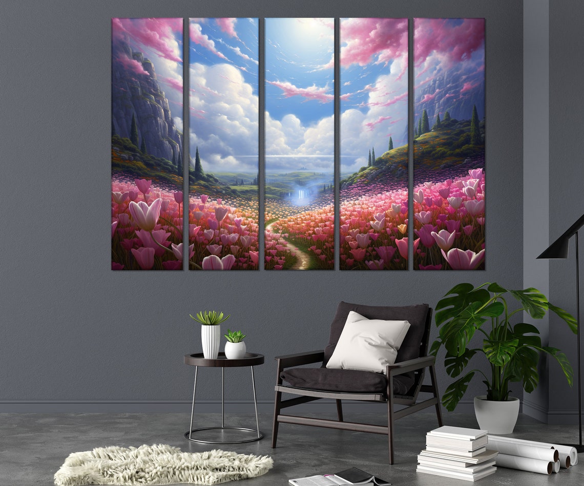 Dreamy Pink Tulip Valley Fantasy Landscape With Winding Path Poster - Image 3