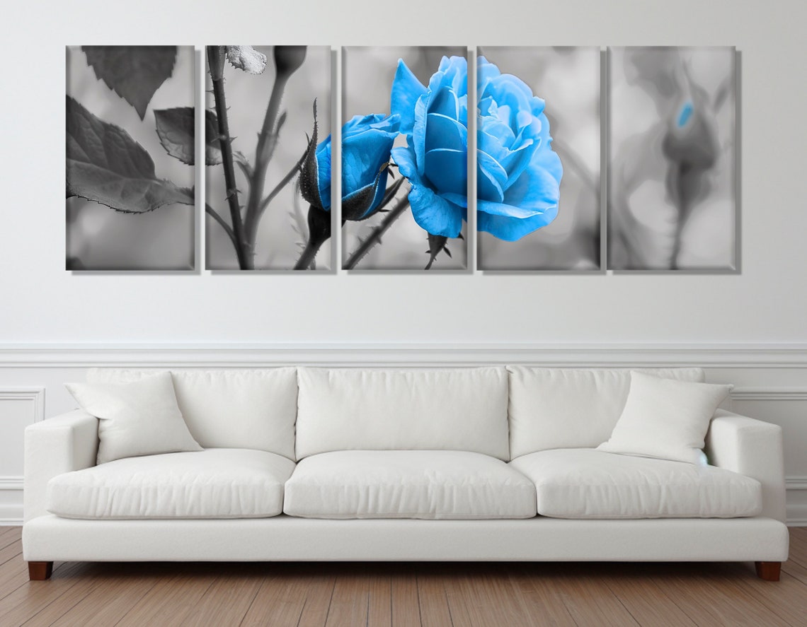 Vivid Blue Rose Bloom Black White Floral Triptych Canvas Poster - Image 2