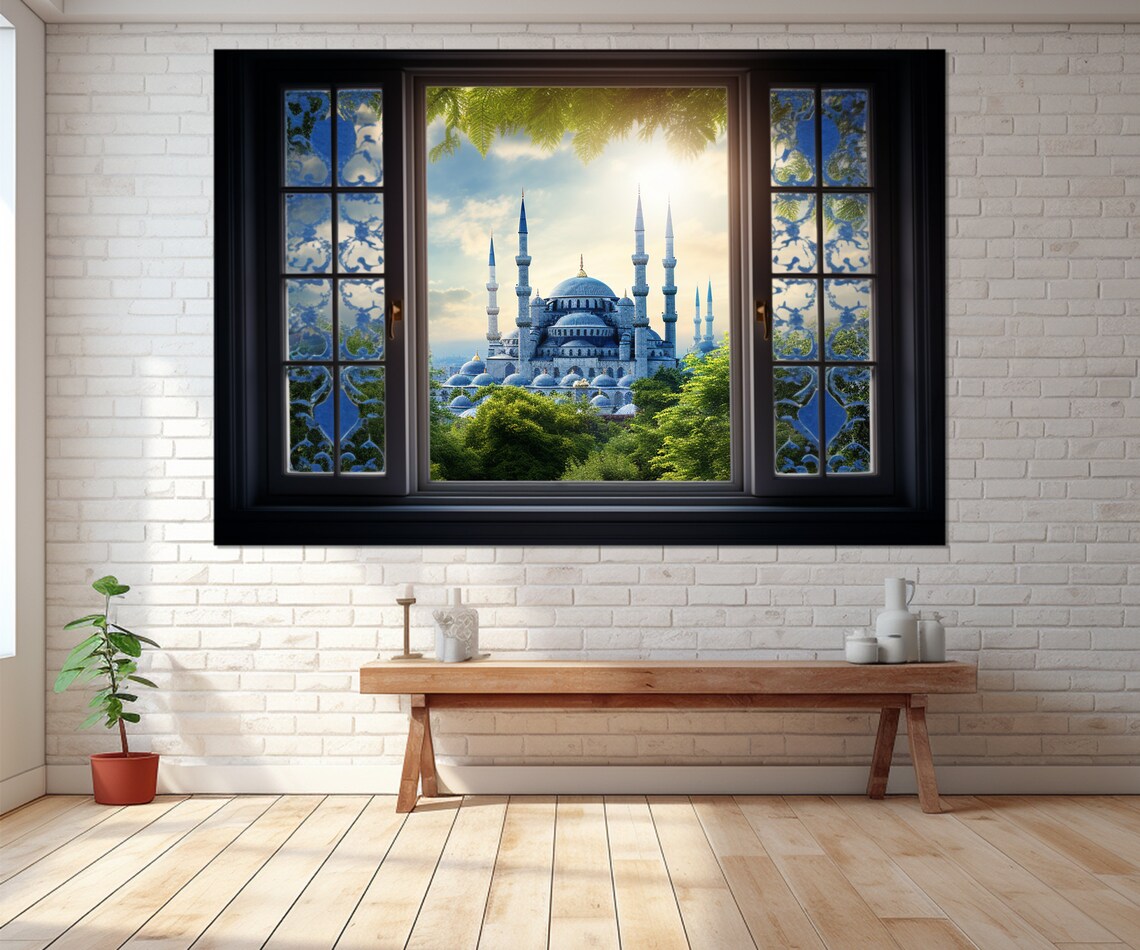 Blue Mosque Istanbul Ottoman Minarets Faux Window View Travel Poster