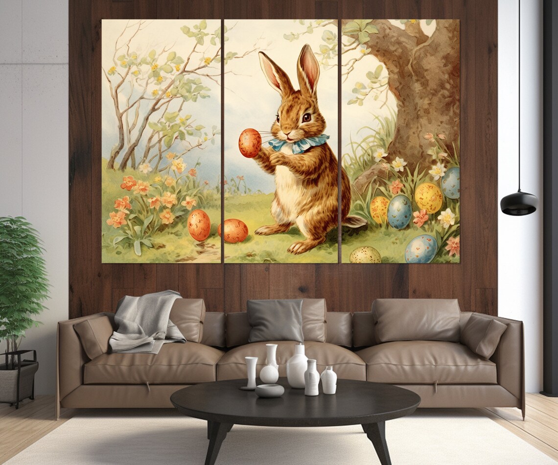 Vintage Easter Bunny Holding Decorated Egg Spring Flowers Nursery Wall Art Poster - Image 2
