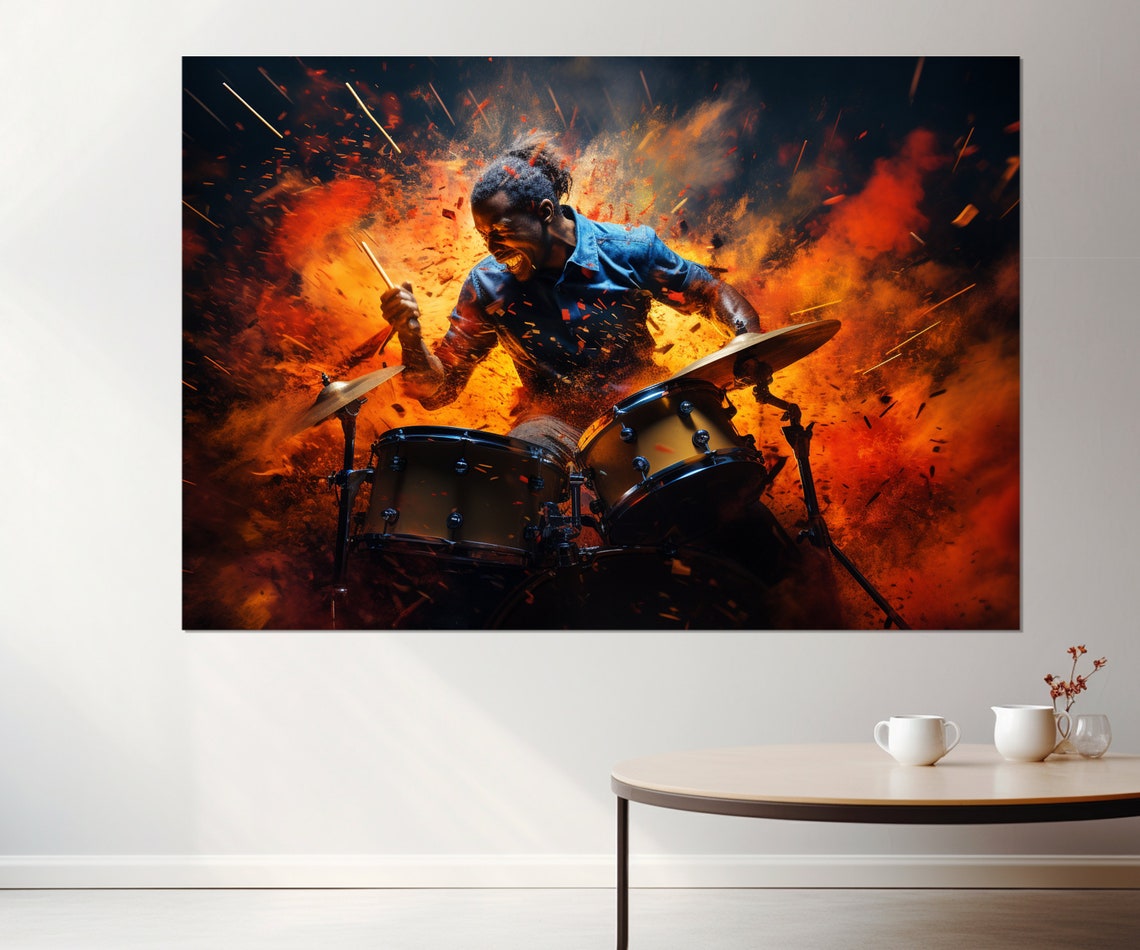 Explosive Drummer Mid Performance Fiery Energy Music Concert Poster