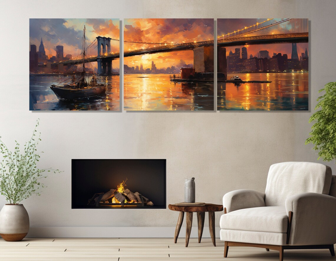 Brooklyn Bridge Sunset Sailboat New York Skyline Panoramic Poster - Image 2