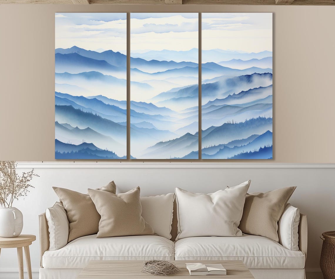 Blue Ridge Mountains Layered Blue Peaks Misty Fog Watercolor Poster - Image 2