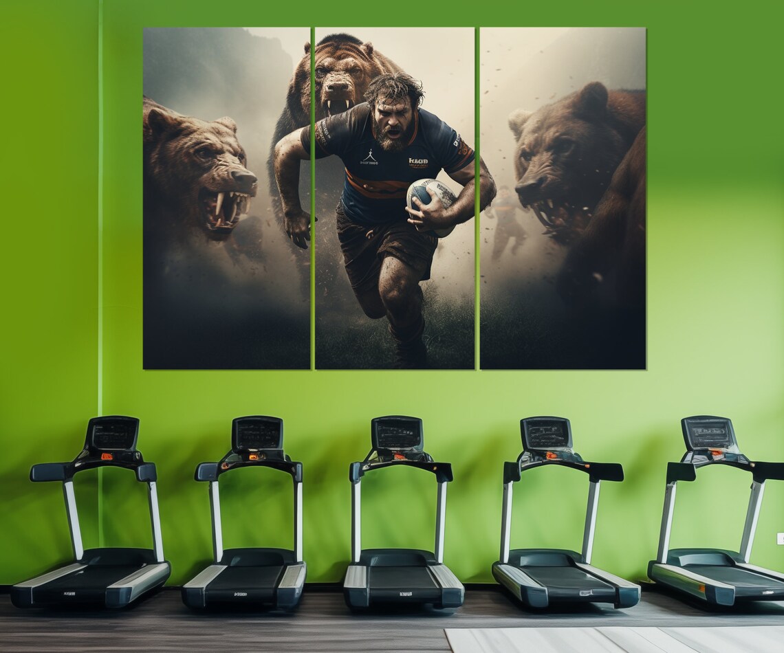 Fearless Rugby Player Running From Grizzly Bears Dramatic Sports Poster - Image 4