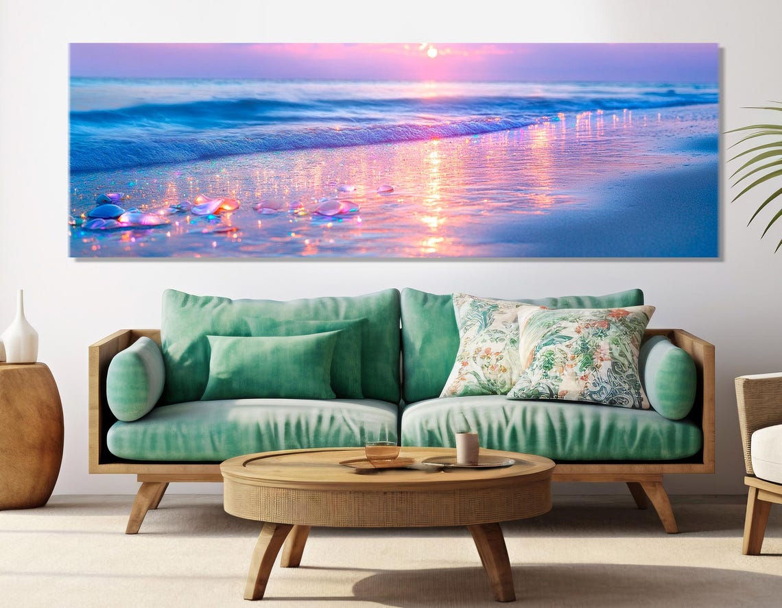 Pink Sunset Beach Waves Sea Glass Stones Pastel Panorama Poster - Image 2