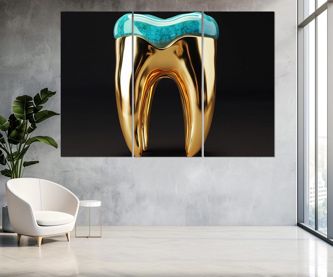 Golden Tooth Turquoise Top Black Background Dentist Office Poster - Image 4