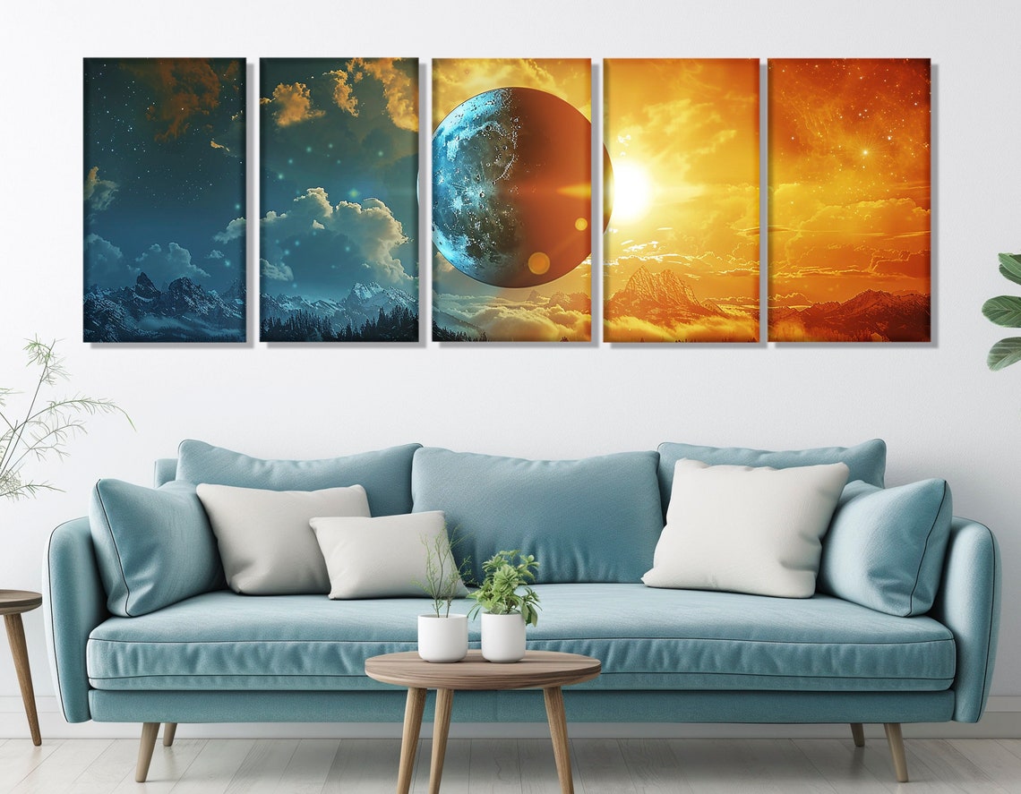 Day Night Split Sun Moon Planet Mountain Sky Cosmic Art Poster - Image 3