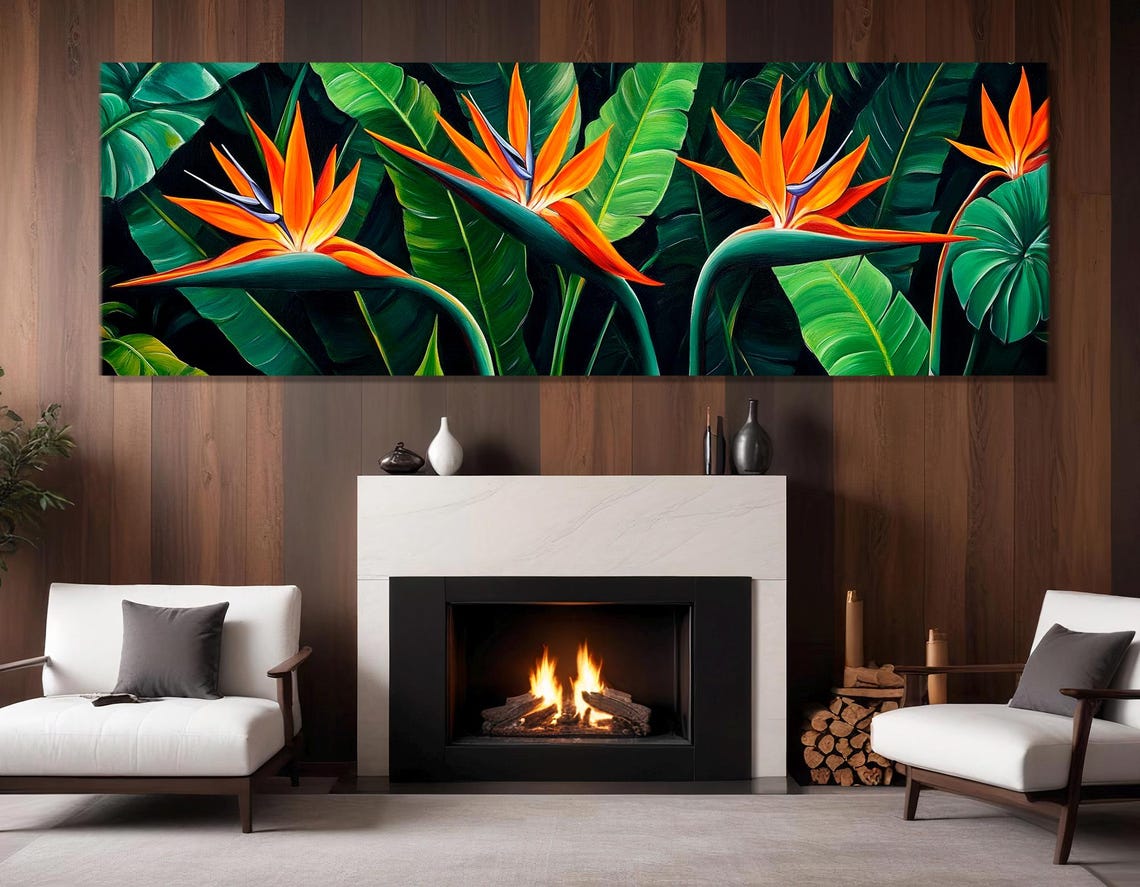 Bird Of Paradise Flowers Orange Bloom Green Leaves Panorama Poster