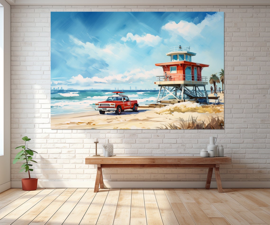 Red Lifeguard Tower Truck Sunny Beach Painting Travel Poster