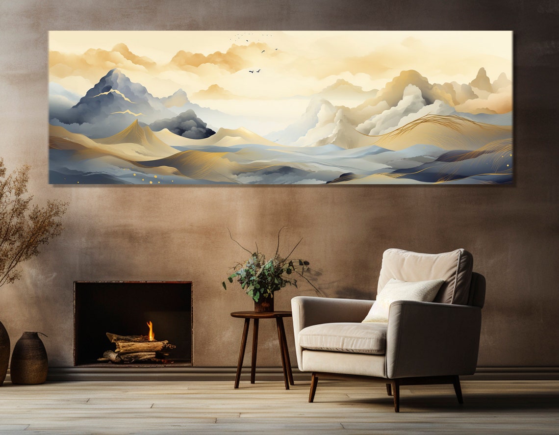 Abstract Mountains Painting Mid Century Mountains Print Boho Wall Art Large Mid Century Wall Decor Framed And Ready To Hang - Image 2