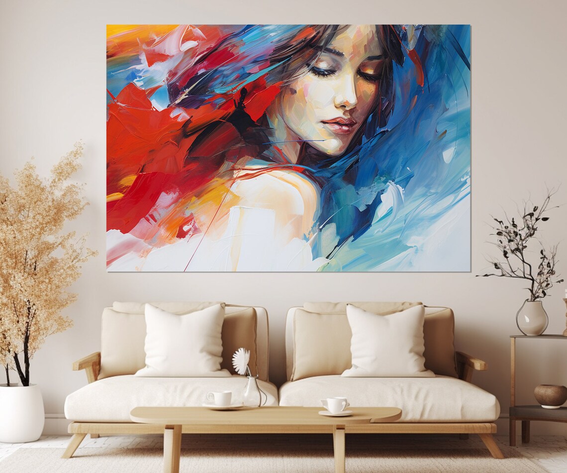Colorful Abstract Woman Portrait Red Blue Expressionist Brushstroke Wall Poster