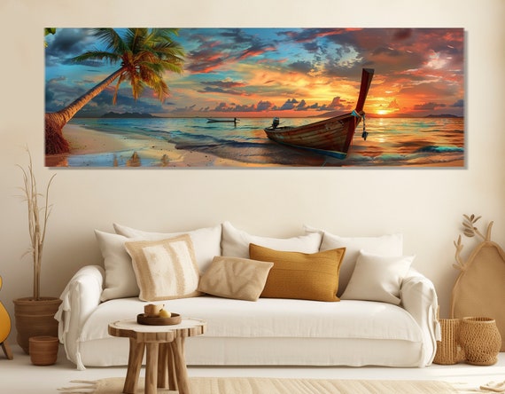 Sunset On The Beach With Palm Tree And Old Boat Print Tropical Painting Tropical Sunset Art Framed And Ready To Hang