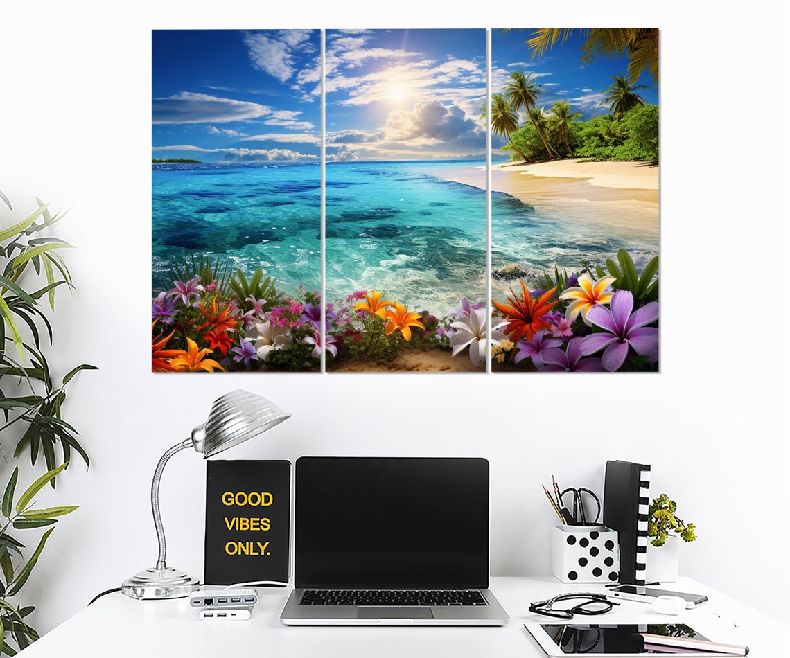 Tropical Beach Turquoise Water Colorful Flowers Paradise Poster - Image 2
