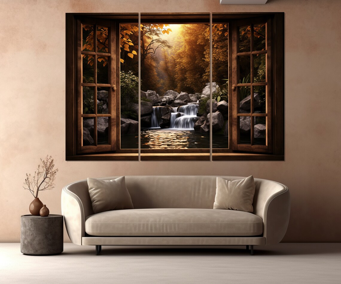 Open Window With Forest Waterfall View Art Print - Image 2