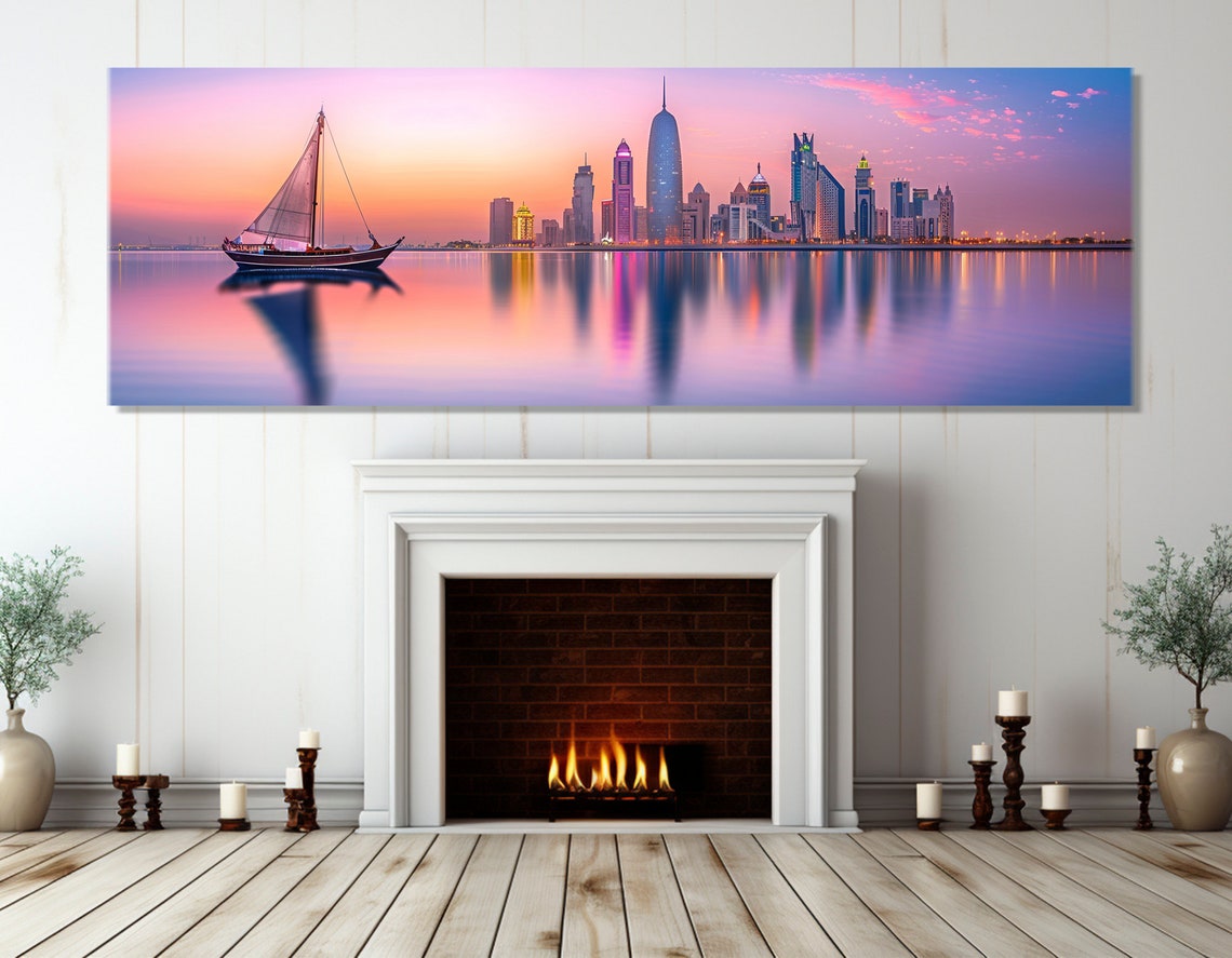 Arabian Gulf Skyline Sunset Dhow Boat Water Reflections Travel Poster - Image 2