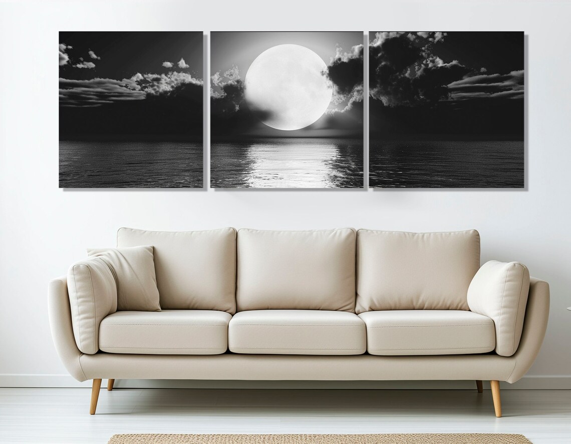 Moon Over Sea, Black And White Coastal Wall Art Print - Image 4