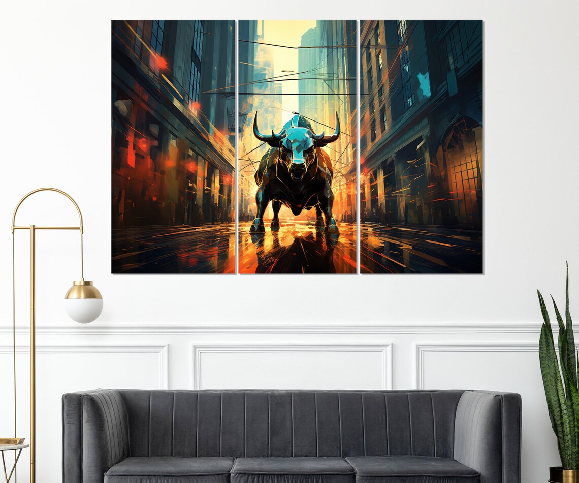 Charging Bull Wall Street City Street Golden Light Painting Poster - Image 4