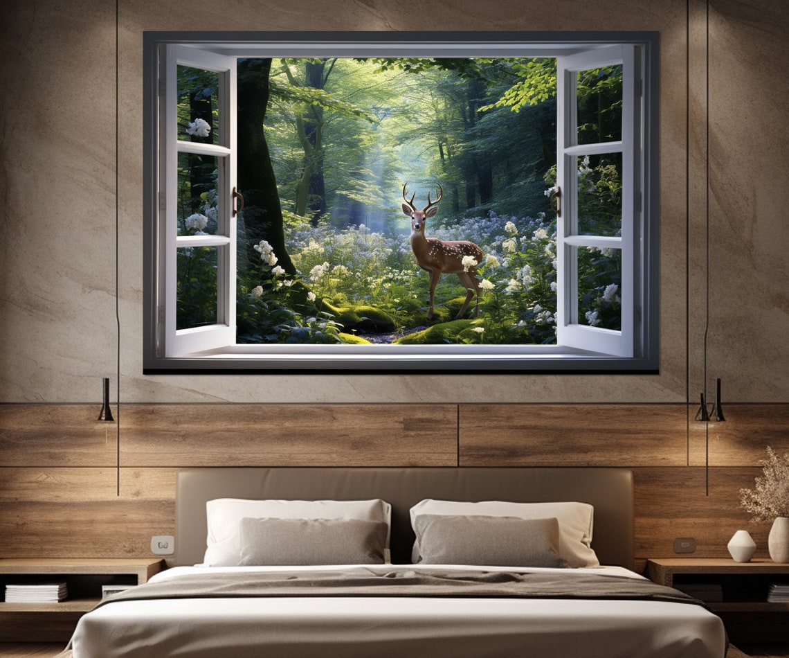 Stag With Antlers In Spring Forest Faux Window Blooming View Poster