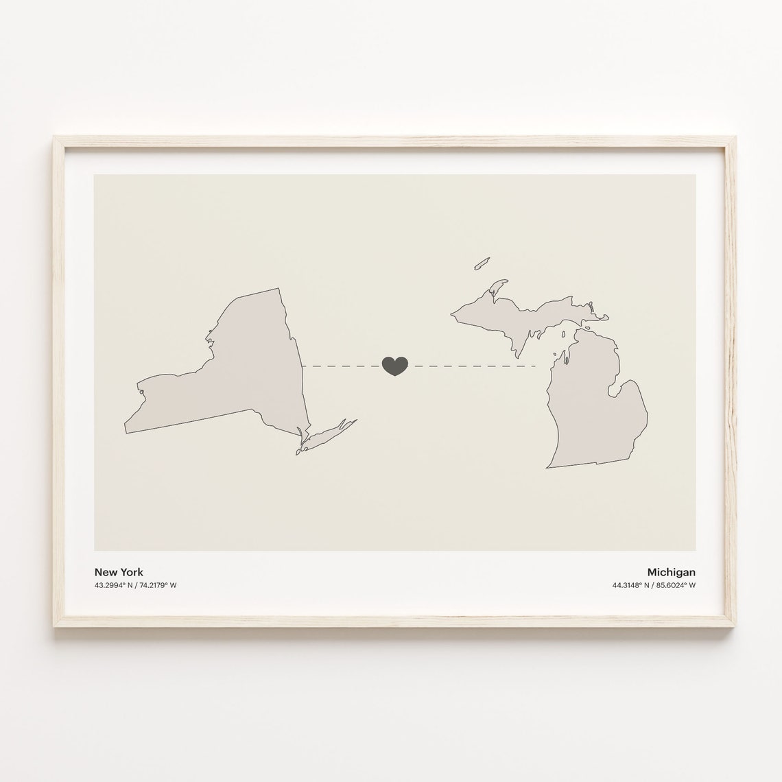 New York to Michigan Long Distance Love Heart Connection Map Poster