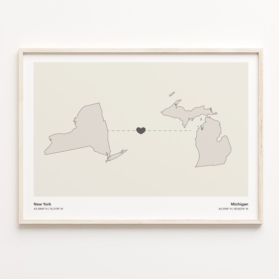 New York to Michigan Long Distance Love Heart Connection Map Poster