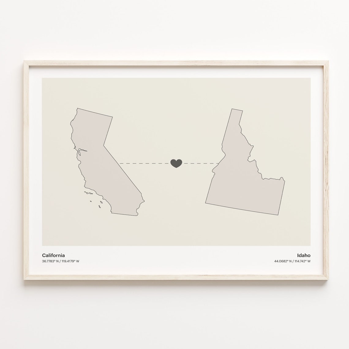 California and Idaho Long Distance Heart Connection Map Poster