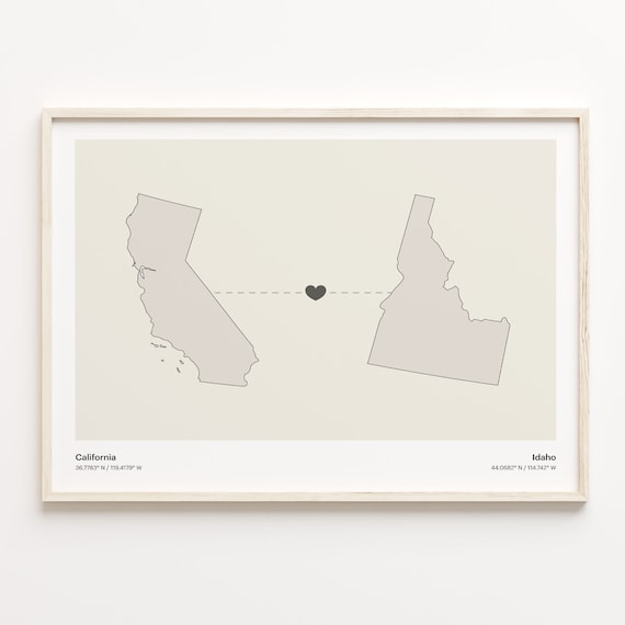 California and Idaho Long Distance Heart Connection Map Poster