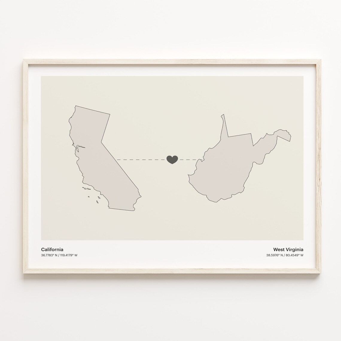 California to West Virginia Long Distance Love Heart Connection Map Poster