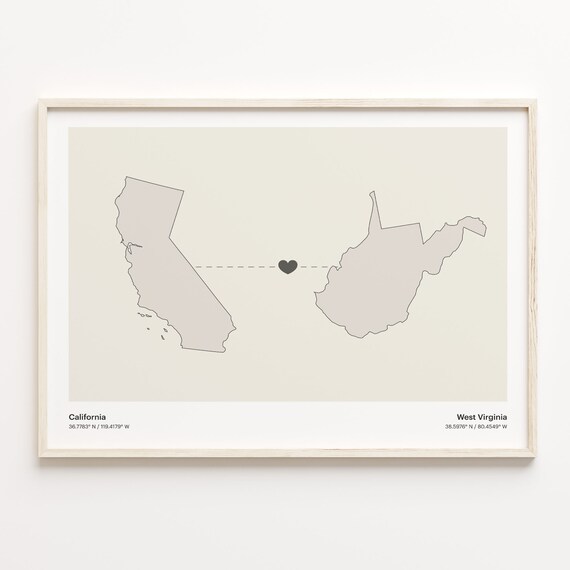 California to West Virginia Long Distance Love Heart Connection Map Poster