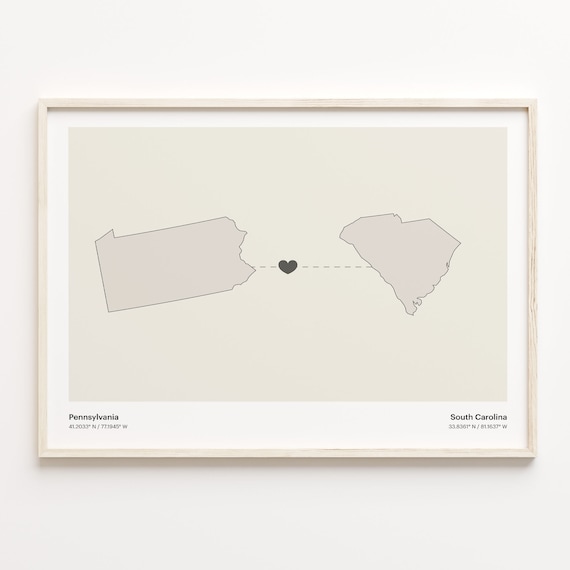 Pennsylvania to South Carolina Long Distance Love Heart Connection Map Poster