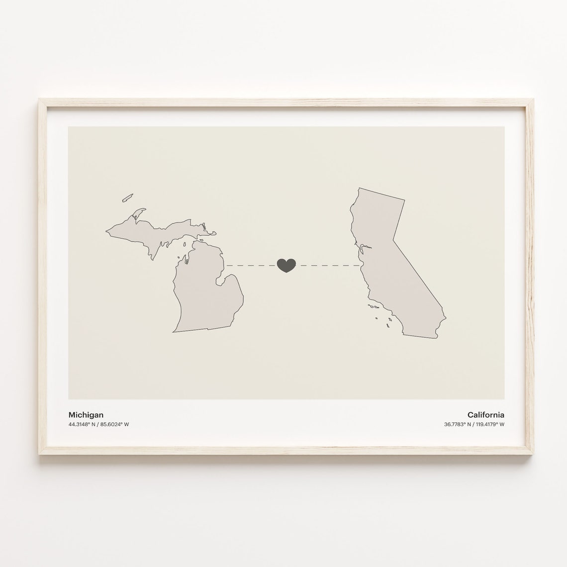 Michigan to California Heart Connection Map Minimalist Poster