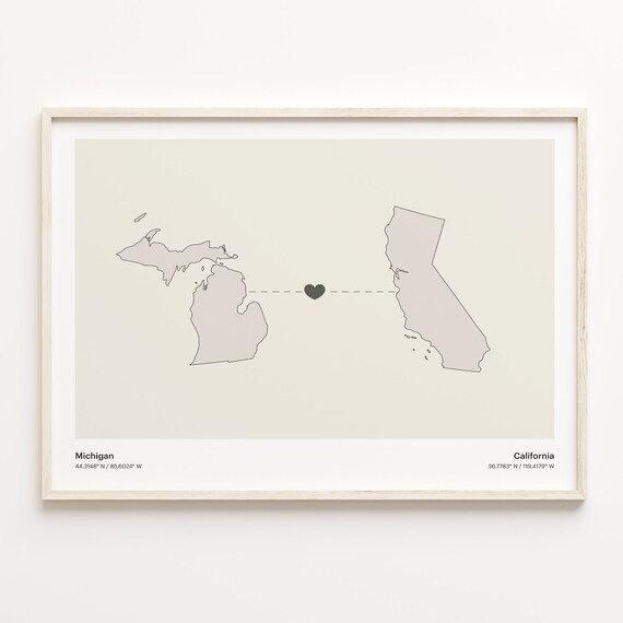 Michigan to California Heart Connection Map Minimalist Poster