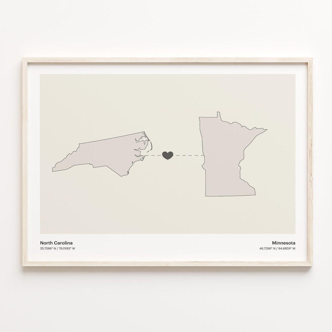 North Carolina To Minnesota Minimalist Heart Map Connection Print