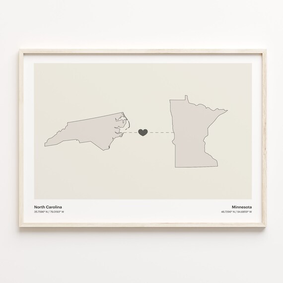 North Carolina To Minnesota Minimalist Heart Map Connection Print