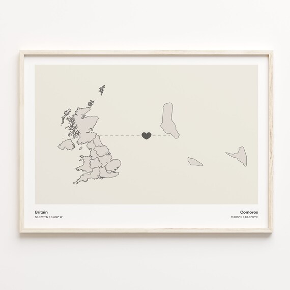 Britain to Comoros Long Distance Heart Map Connection Poster