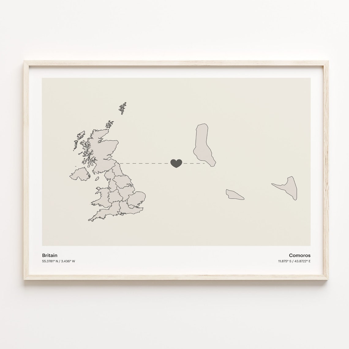 Britain to Comoros Long Distance Heart Map Connection Poster