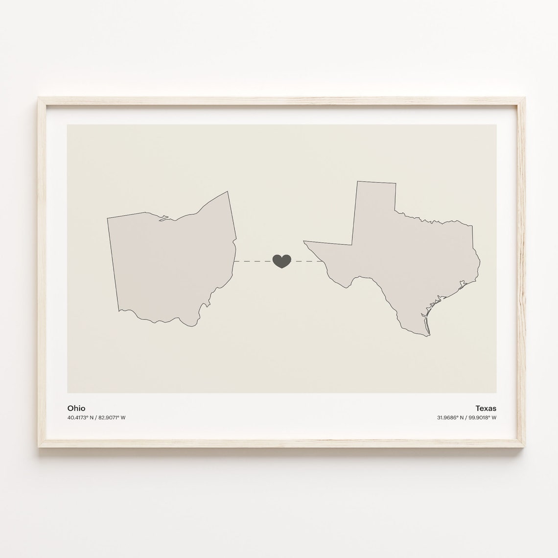 Ohio to Texas Minimalist Long Distance Connection Map Poster