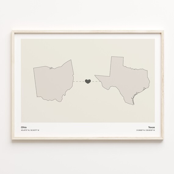 Ohio to Texas Minimalist Long Distance Connection Map Poster