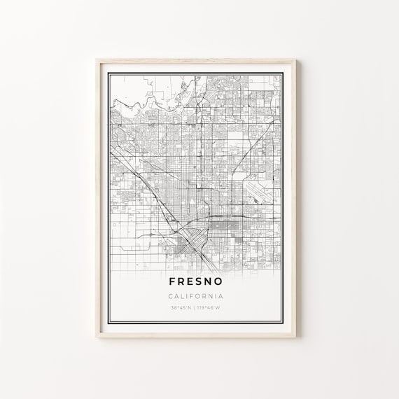 Fresno California Modern Minimalist Black White Street Map Poster