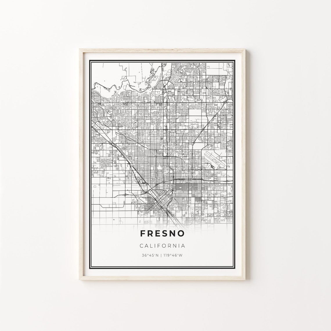 Fresno California Modern Minimalist Black White Street Map Poster