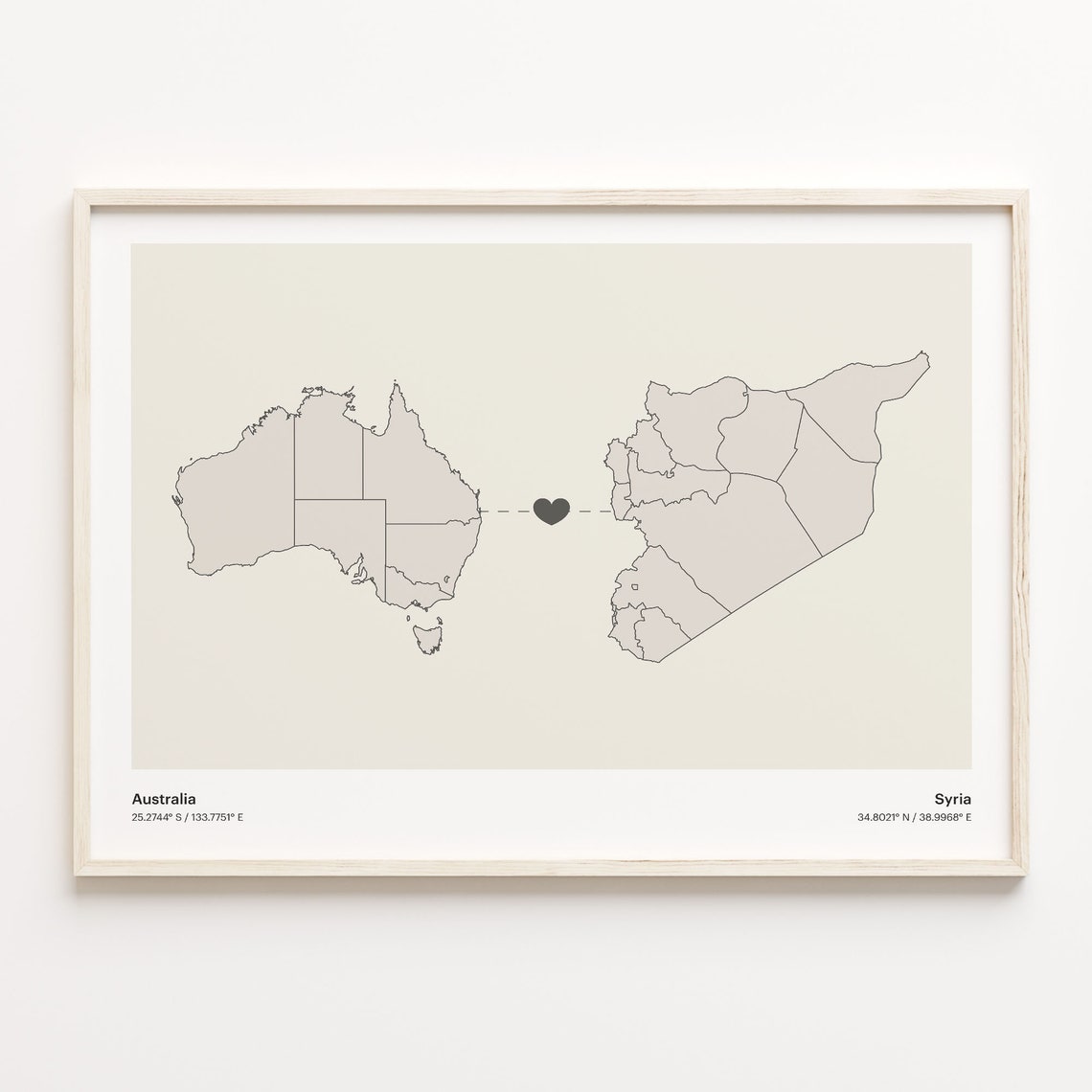 Australia to Syria Long Distance Heart Map Connection Poster