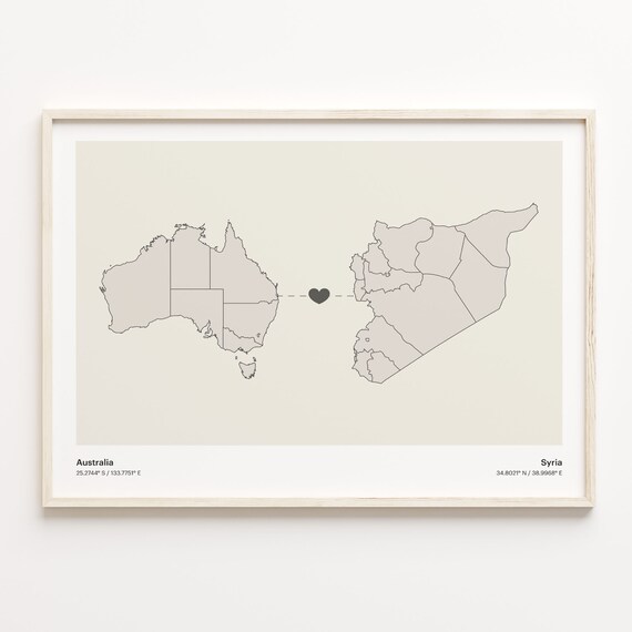 Australia to Syria Long Distance Heart Map Connection Poster