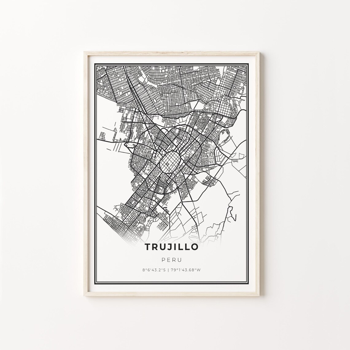 Trujillo City Map Art Print, Modern Black and White