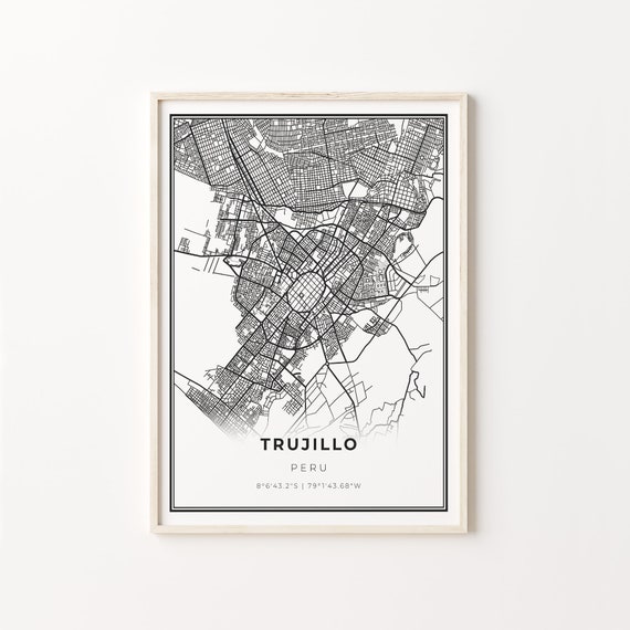 Trujillo City Map Art Print, Modern Black and White