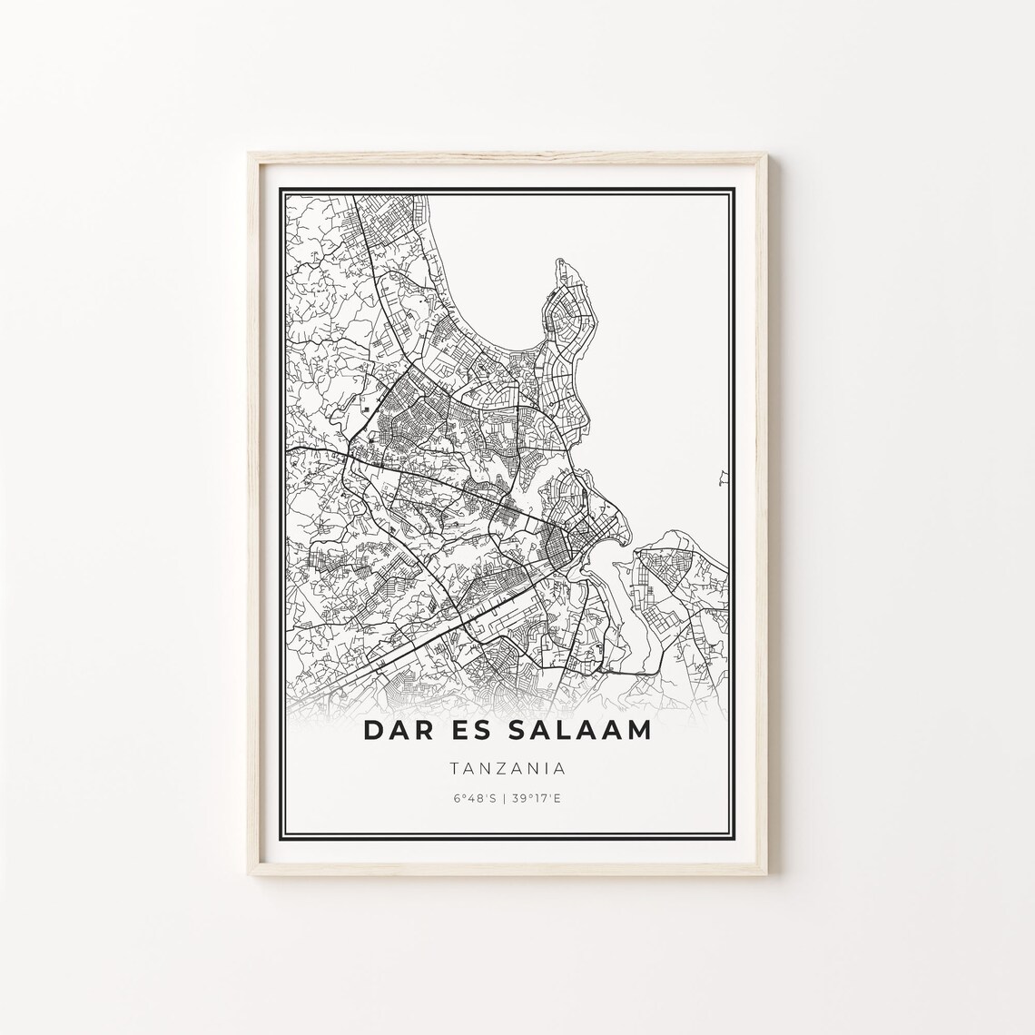 Dar es Salaam Tanzania Black and White Street Map Minimalist Decor Poster
