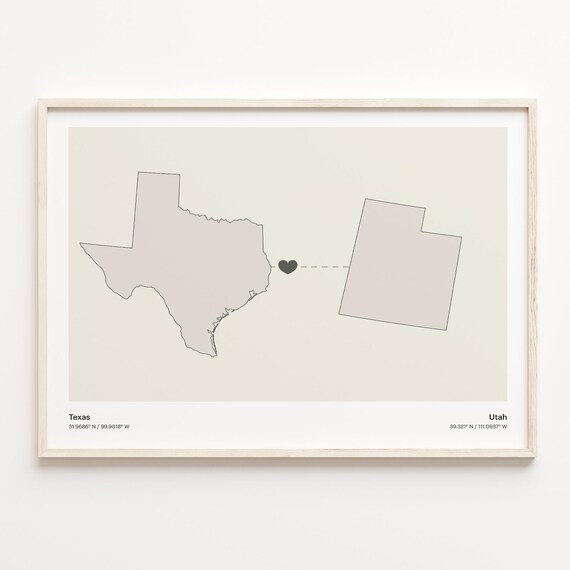 Texas To Utah Minimalist Heart Map Long Distance Love Poster